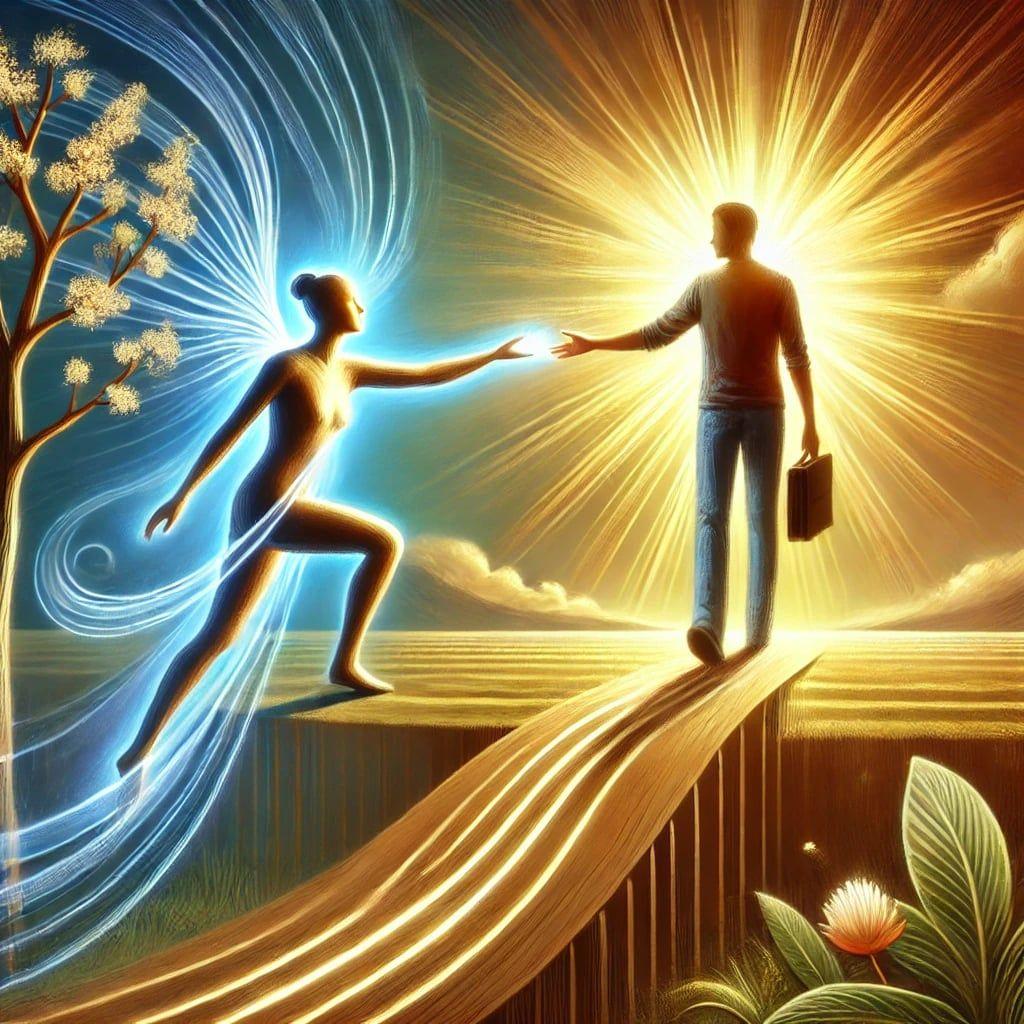 Ethereal figure and businessman reaching towards each other on a radiant pathway, symbolizing connection.